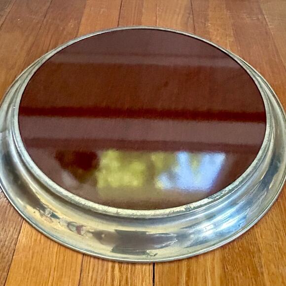 Vintage 1940s American Pewter & Faux Wood Formica Round Cocktail Bar Tray Deco - Picture 6 of 11